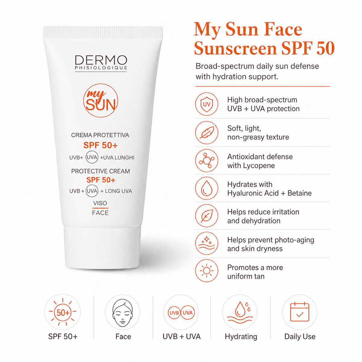 My Sun Face Sunscreen SPF 50+ benefits: broad-spectrum UVB and UVA protection, light non-greasy texture, hydrating