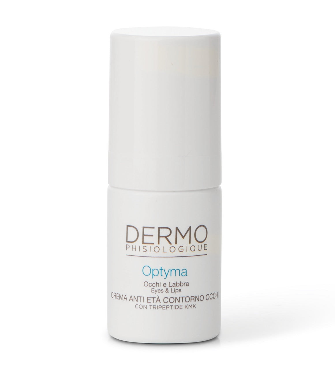 Optyma Instant Eye Lift Cream in a white airless pump bottle, eye and lip care with Tripeptide KMK